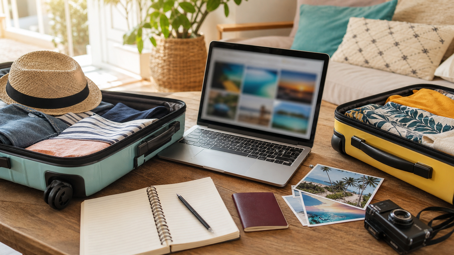 Open suitcases and a laptop ready for trip planning