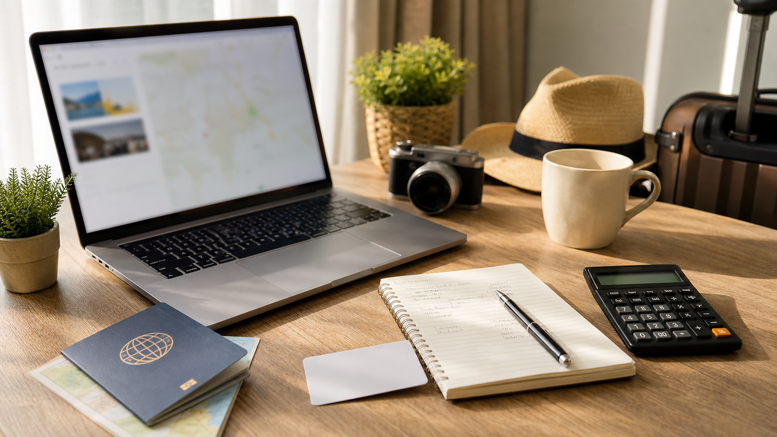 A travel planning desk with a laptop, passport, camera and notes